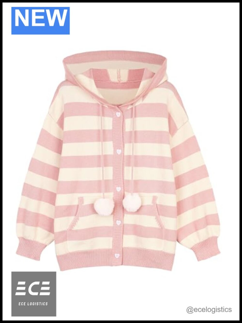 Kawaii Striped Hooded Cardigan with Pom Poms Puff Sleeve Sweater
